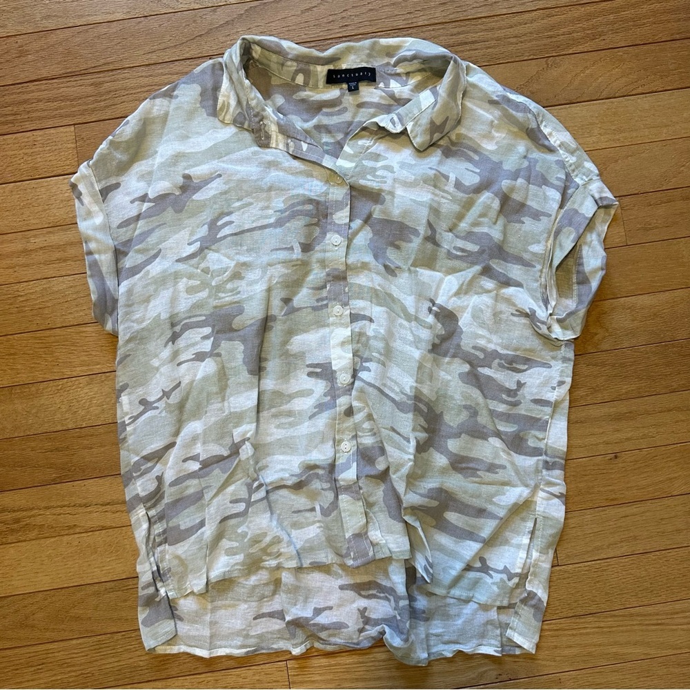 Sanctuary Camo Short Sleeve Button Down Linen Top Womens Large Green